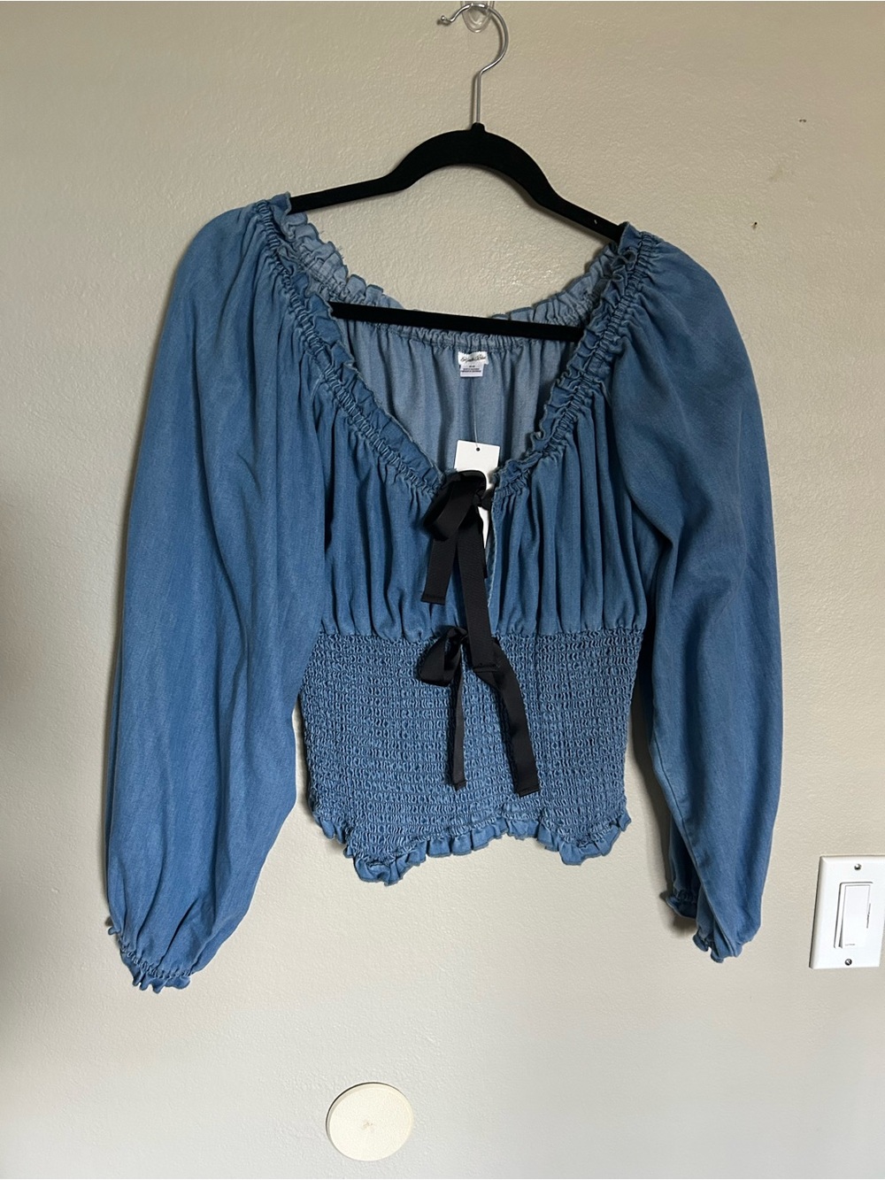 Kimchi Blue Blue Smocked Peasant Top with Black Ribbon Tie